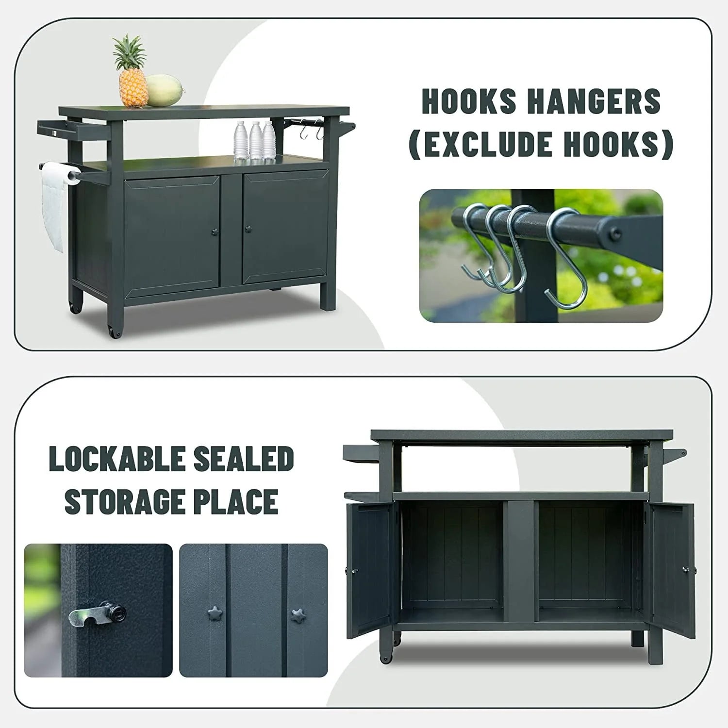 Domi Grill Carts Outdoor with Storage and Wheels, Whole Metal Portable Table and Storage Cabinet for BBQ,Deck,Patio,Backyard(Dark Grey,L45x W20.31x H35.51 Inch)