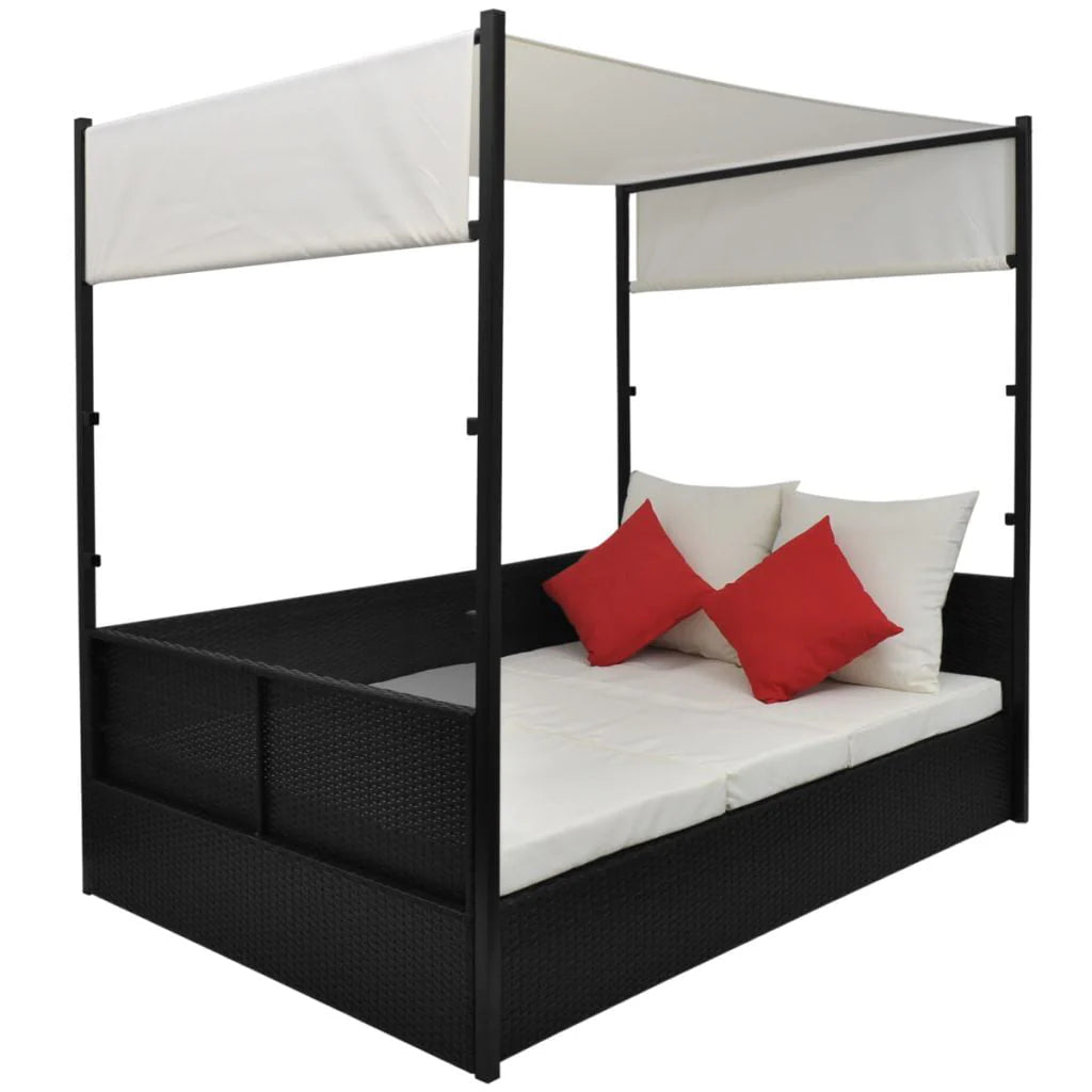 vidaXL Patio Bed Outdoor Patio Double Chaise Lounge with Canopy Poly Rattan
