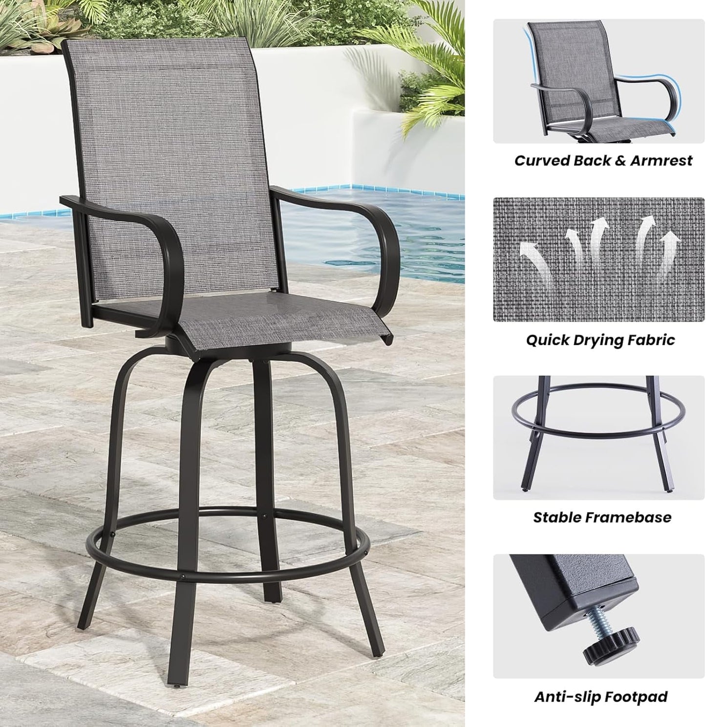 STARY Outdoor Bar Stools Set of 2, Swivel Patio Barstools with Textile Fabric,Ergonomic Comfort Bar Height Tall Outdoor Stools for Balcony,Dark Grey