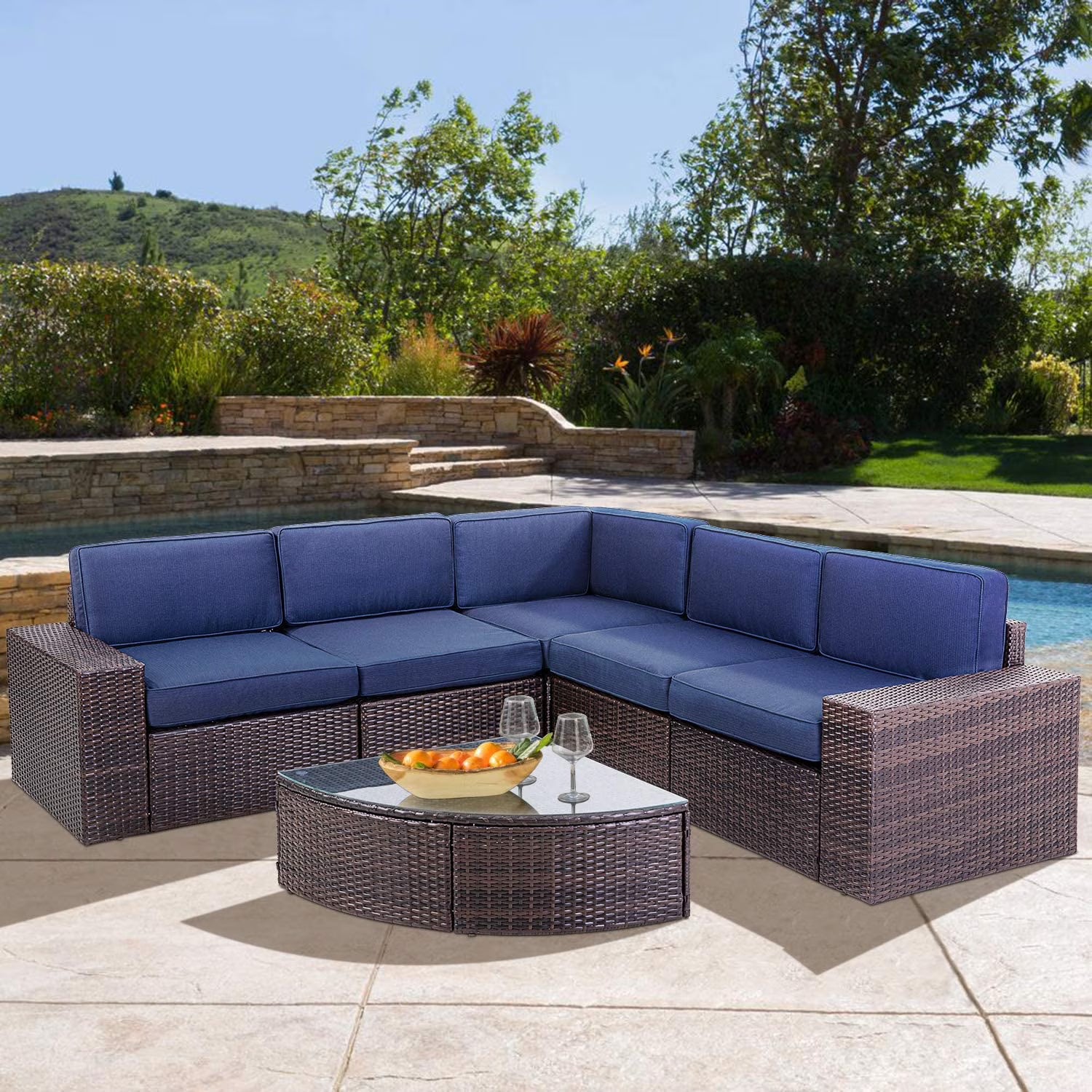 SOLAURA 6-Piece Patio Furniture Outdoor Conversation Set Patio All-Weather Wicker Sectional Sofa with Glass Coffee Table and Brown Cushions