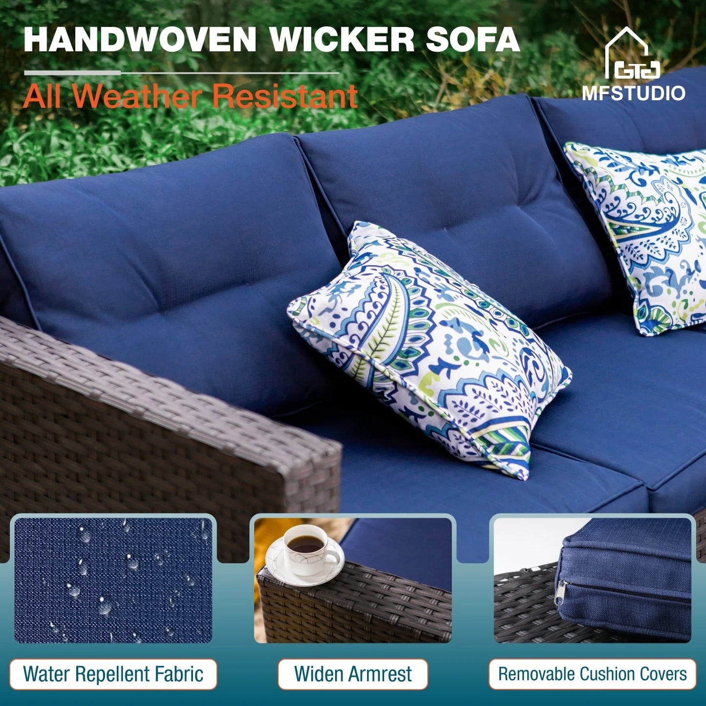MF Studio 3 Pieces Outdoor Sectional Sofa Set Wicker Patio Furniture Conversation Set with Navy Blue Cushions