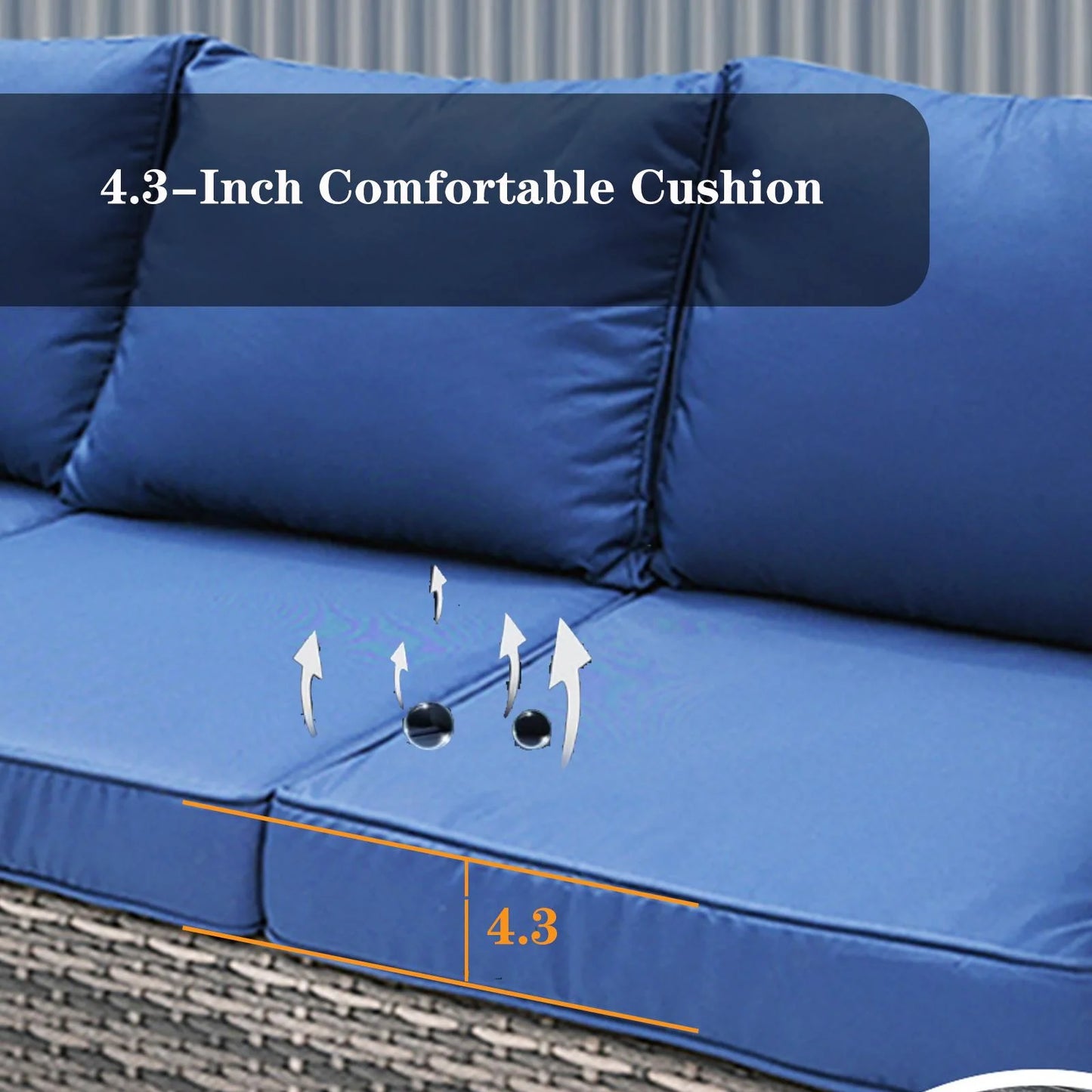 Decksplore All Weather Wicker Patio Couch, 3 Seats Patio Sofa with High Curvy Back, Premium Outdoor Sofa with Brown Wicker and Thick Cushions for Garden, Backyard, Porch Navy Blue