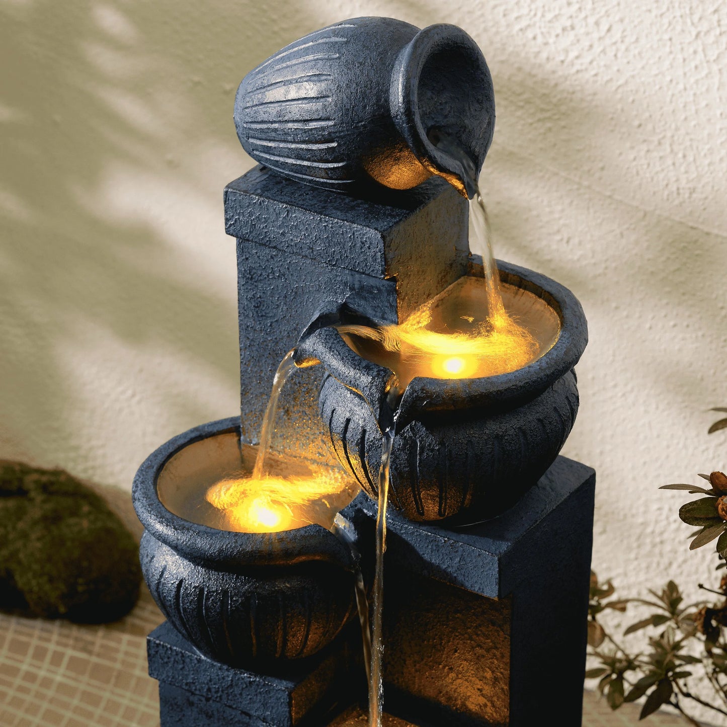 Teamson Home Outdoor Water Fountain with LightsC 4-Tier Cascading Bowl Design with LED Light & Solar Pump, Solar-Powered Water Fountain Outdoor Garden, Yard, or Patio Dcor, Navy Blue