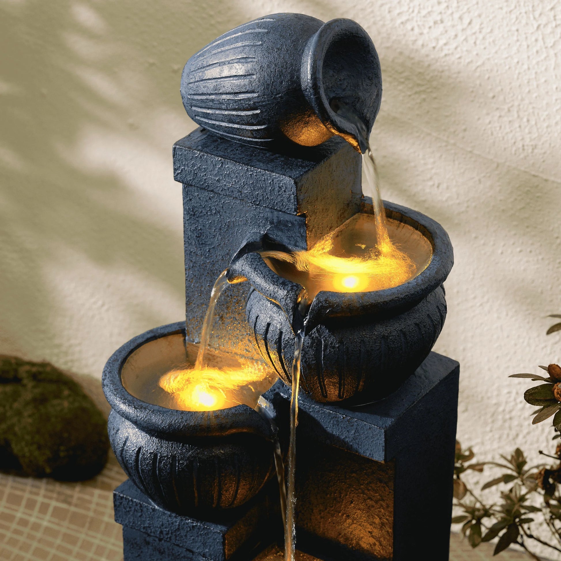 Teamson Home Outdoor Water Fountain with LightsC 4-Tier Cascading Bowl Design with LED Light & Solar Pump, Solar-Powered Water Fountain Outdoor Garden, Yard, or Patio Dcor, Navy Blue