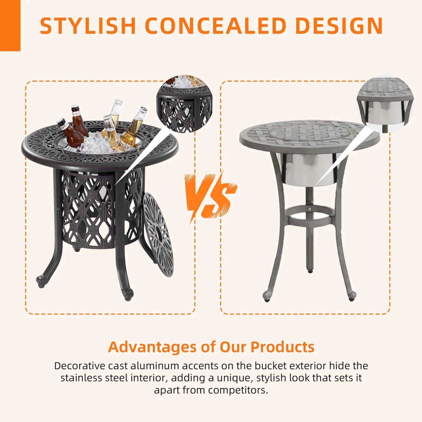 Yoneston 21" Cast Aluminum Round Patio Table with Removable Ice Bucket, Rustproof Outdoor Patio Bar Table for Patio, Balcony, Garden, Poolside, Black