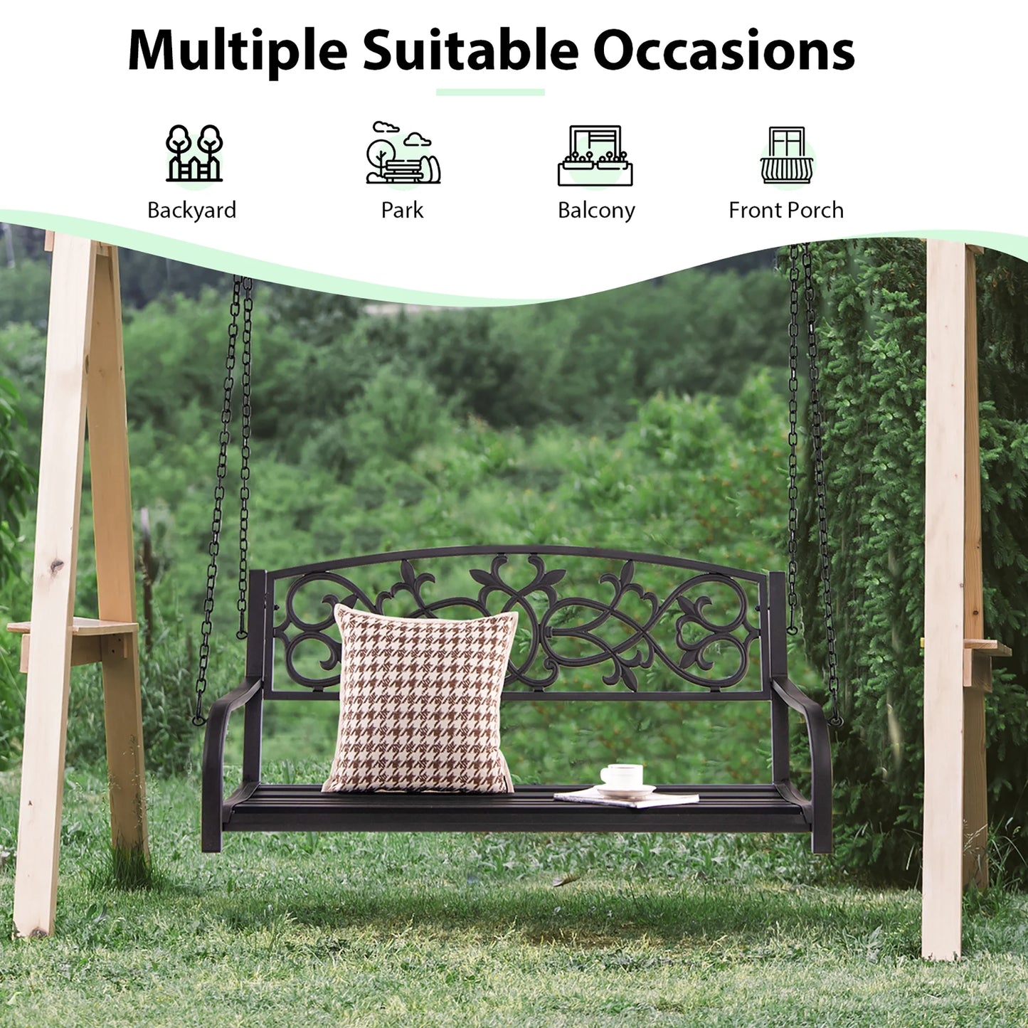Costway 2-Person Metal Outdoor Porch Swing Hanging Patio Bench 485 Lbs Capacity Brown