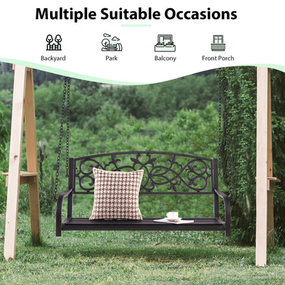 Costway 2-Person Metal Outdoor Porch Swing Hanging Patio Bench 485 Lbs Capacity Brown