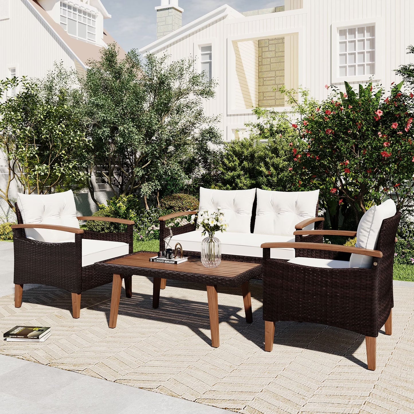 4-Piece Patio Conversation Sets, 2025 Upgrade All-Weather Wicker Patio Furniture Set w/Seat Cushions & Tempered Glass Coffee Table, Outdoor Patio Sets for Porch Poolside Backyard Garden, 705lbs