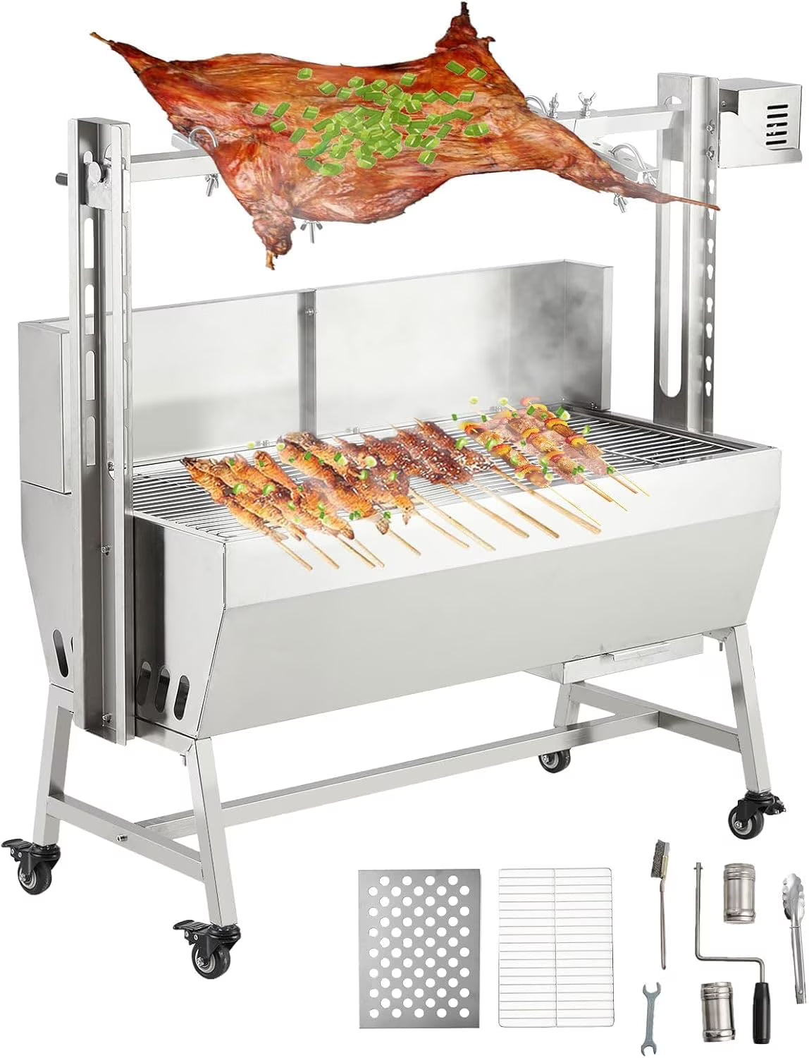 Huloretions 37"Grill Rotisserie Kit,Stainless Steel Electric Rotisserie 52W Rotatable Motor BBQ Rotisserie Kit,132LBS Capacity Pig Roaster Spit Rotisserie,Swivel BBQ Roasting Machine for Outdoor Patio