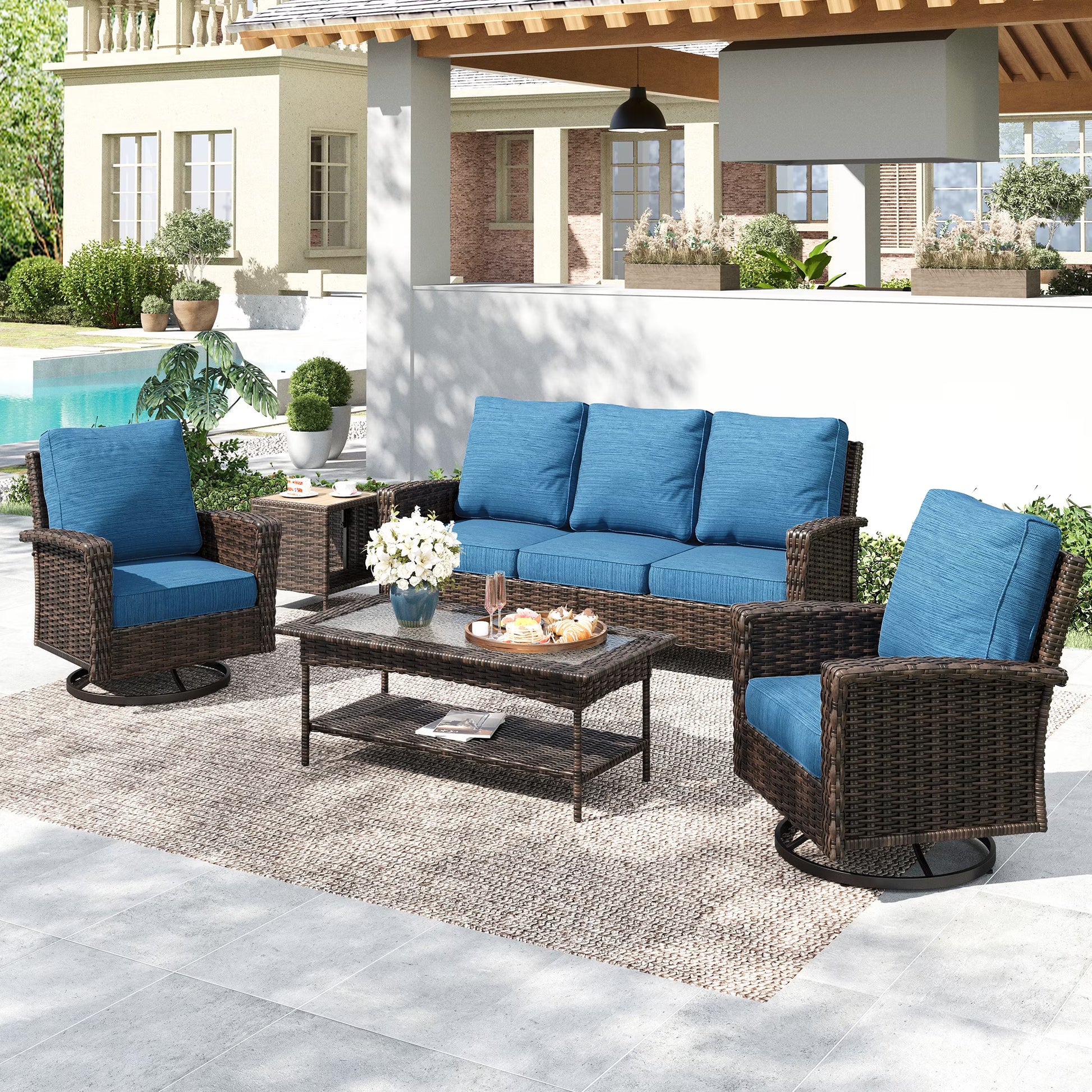 Summit Living 5-Seat Wicker Patio Furniture Set with 2 Swivel Chairs & 3-Seat Sofa with 2 pieces Coffee Table, Outdoor Rattan Sectional Conversation Set, Light-gray