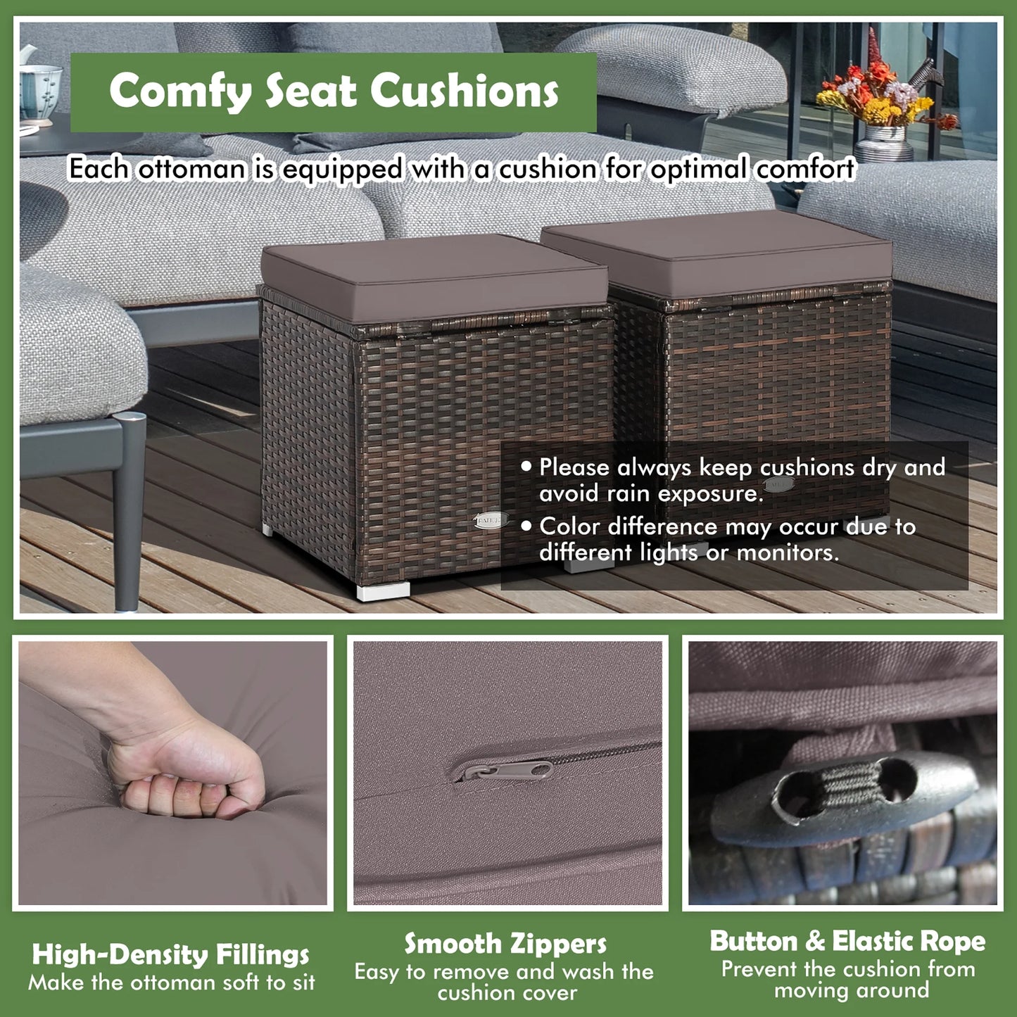 Gymax 2PCS Outdoor Patio Ottomans Hand-Woven PE Wicker Footstools w/Removable Cushions Grey