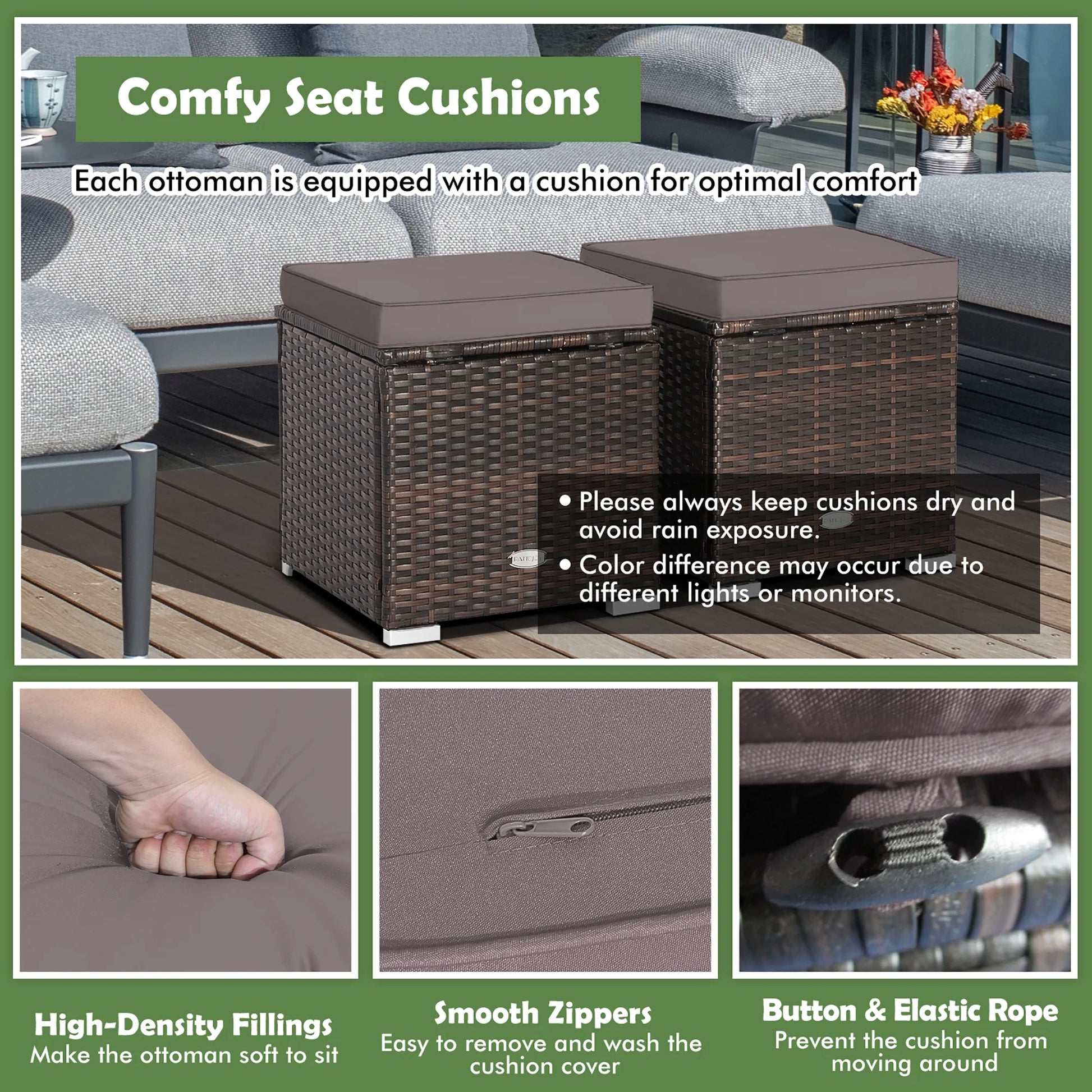 Gymax 2PCS Outdoor Patio Ottomans Hand-Woven PE Wicker Footstools w/Removable Cushions Grey