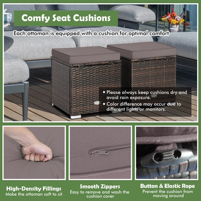 Gymax 2PCS Outdoor Patio Ottomans Hand-Woven PE Wicker Footstools w/Removable Cushions Grey