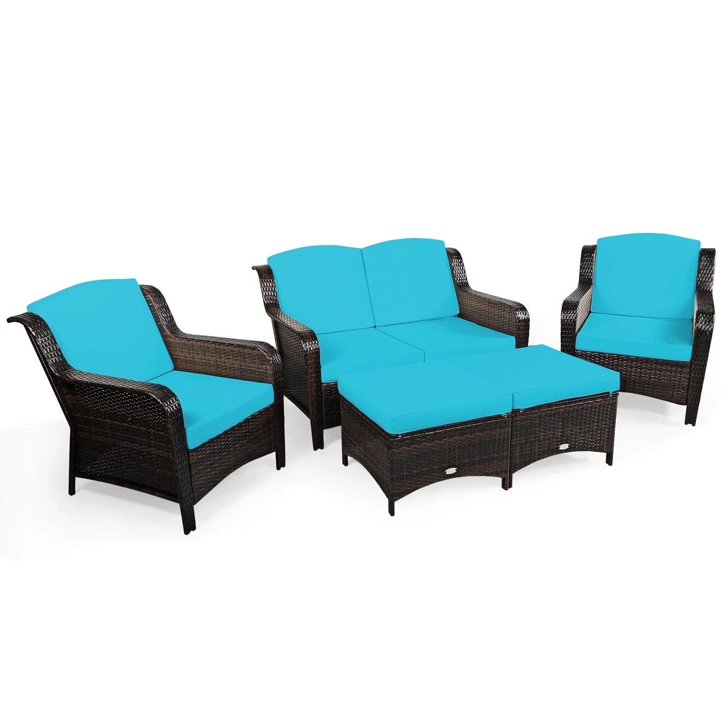 Gymax 5PCS Rattan Patio Conversation Sofa Furniture Set Outdoor w/Turquoise Cushions