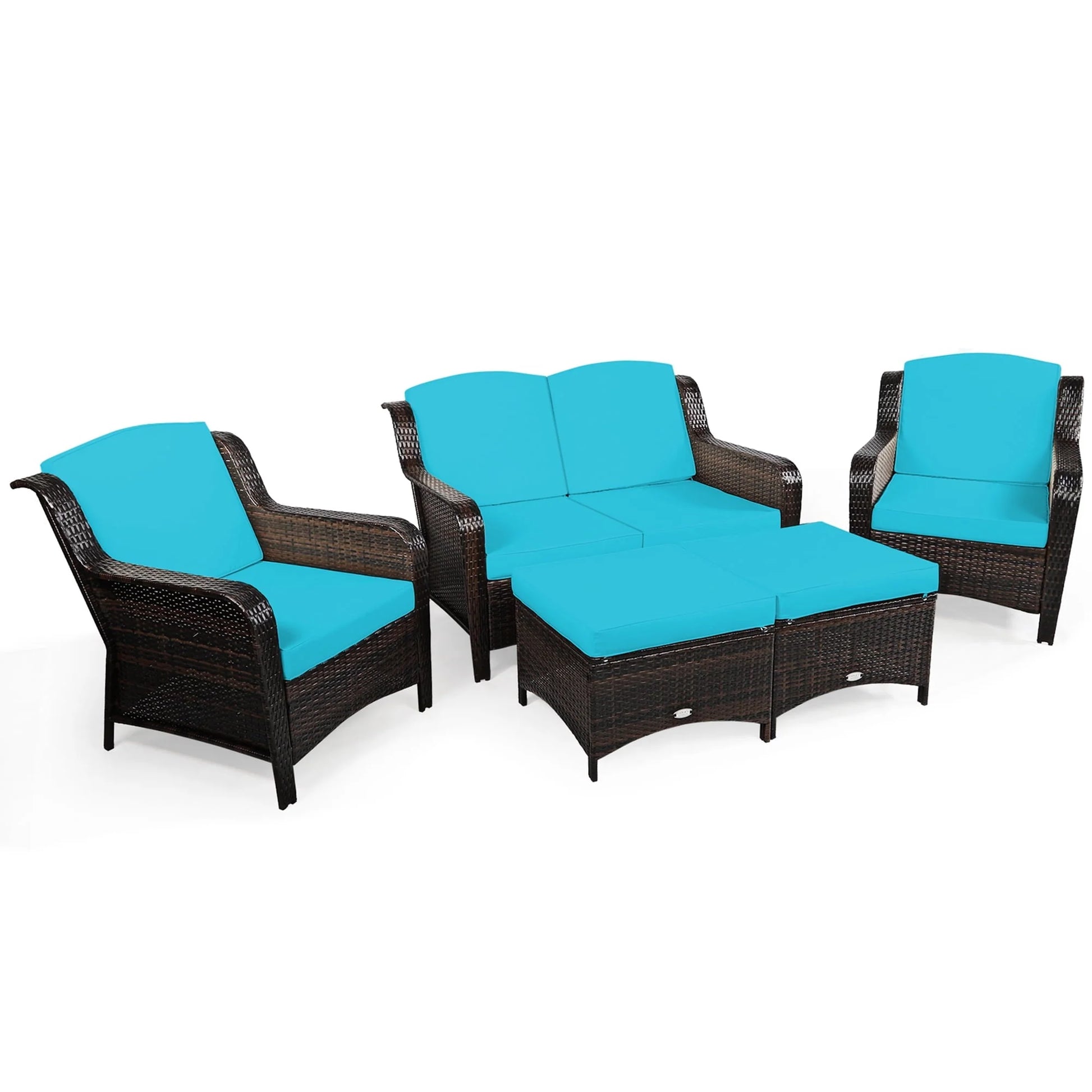 Gymax 5PCS Rattan Patio Conversation Sofa Furniture Set Outdoor w/Turquoise Cushions