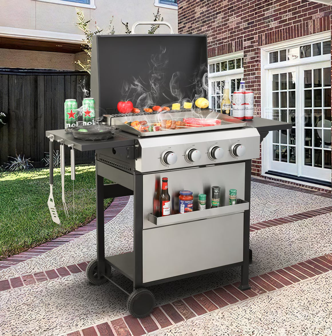 HighSound 2-Burner Propane Gas Grill, 24600 BTU Patio Garden Barbecue Grill with Stainless Steel Tray, Wire Enamel Cooking Grids & Foldable Shelves, Black