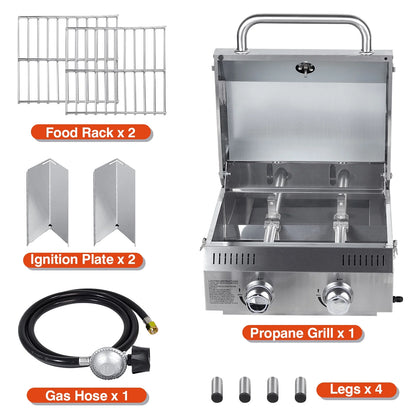 Portable 2-Burner Tabletop Propane Grill for Patio, 20,000 BTU, Stainless Steel, Camping & Tailgating