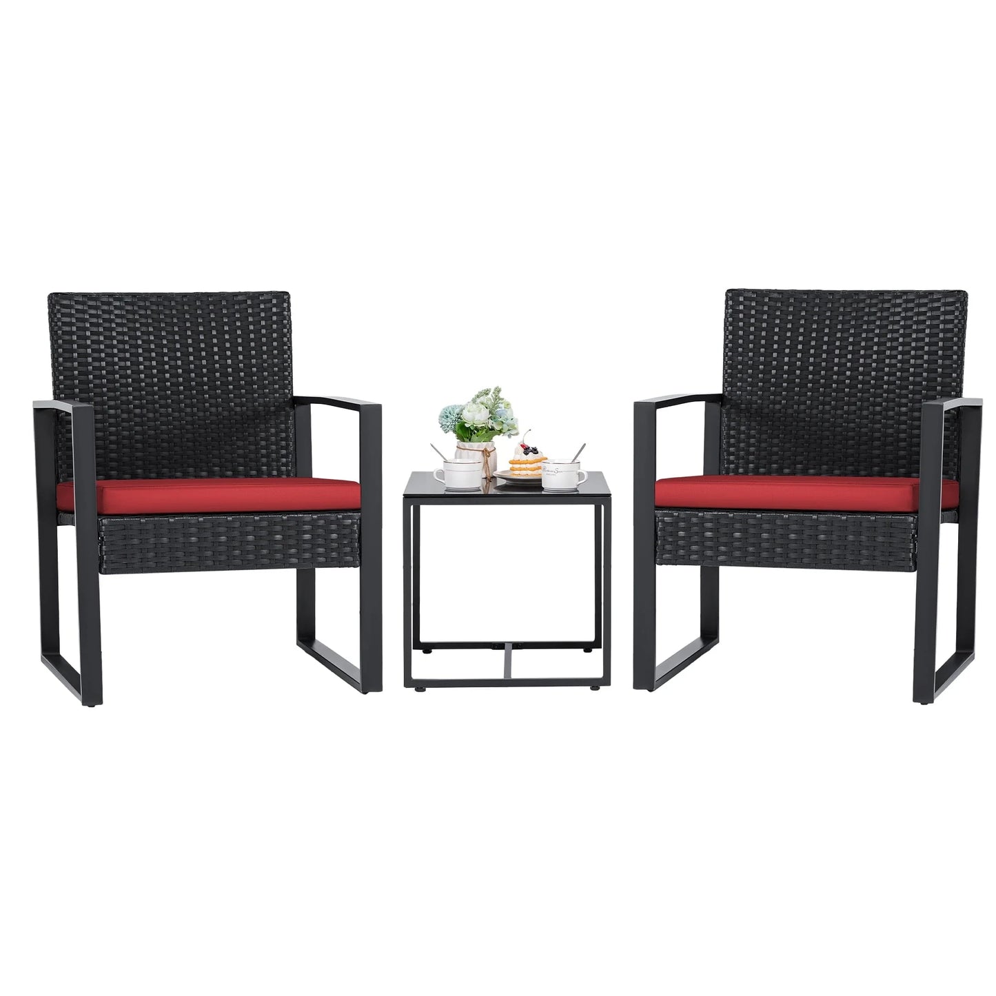 Lacoo 3 Pieces Patio Indoor Conversation Set Cushioned PE Rattan Bistro Chairs Set of 2 with Coffee Table, Black/Red