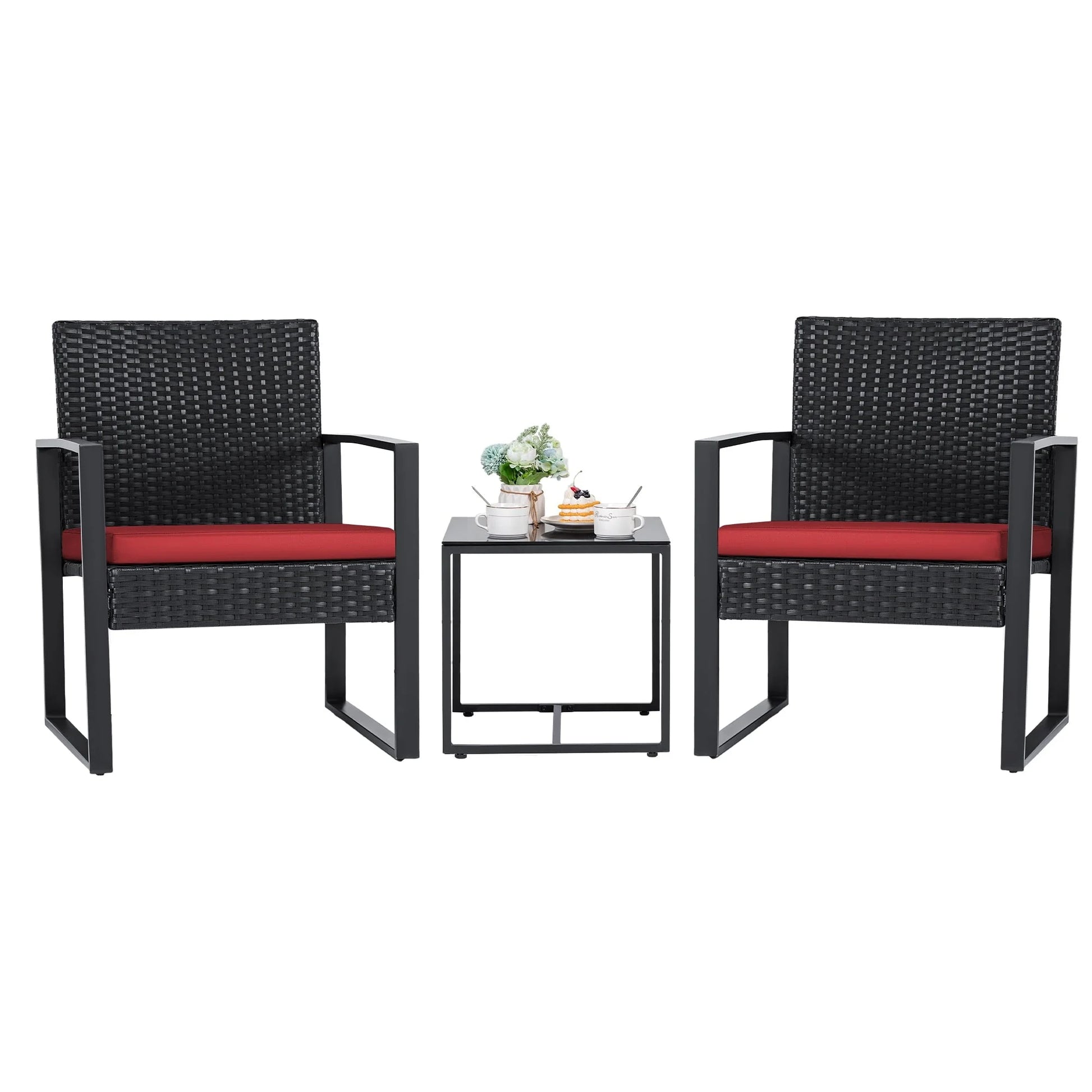 Lacoo 3 Pieces Patio Indoor Conversation Set Cushioned PE Rattan Bistro Chairs Set of 2 with Coffee Table, Black/Red