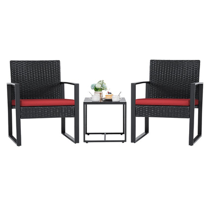 Lacoo 3 Pieces Patio Indoor Conversation Set Cushioned PE Rattan Bistro Chairs Set of 2 with Coffee Table, Black/Red