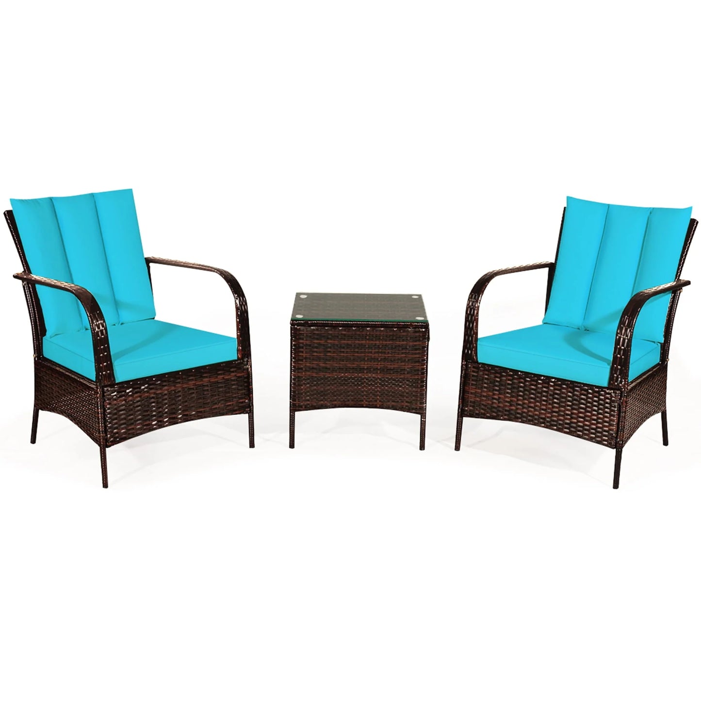 Gymax 3PCS Patio Rattan Conversation Set Outdoor Furniture Set w/Turquoise Cushion