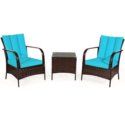 Gymax 3PCS Patio Rattan Conversation Set Outdoor Furniture Set w/Turquoise Cushion