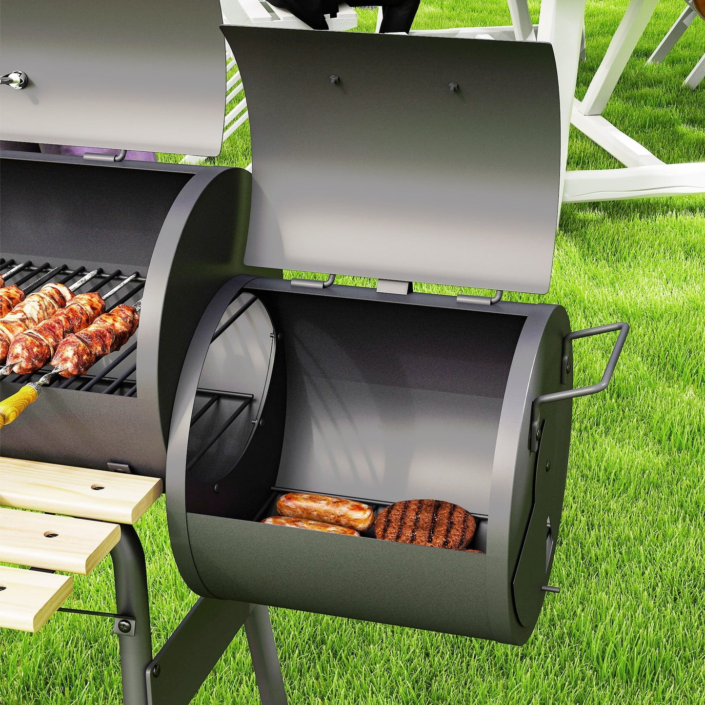 BNDFTF Black Multifunctional Charcoal Grill, Offset Smoker & BBQ Combo, with Front/Side Shelves, Lid Thermometer & Wooden Heat-Resistant Handles, for Outdoor Patio
