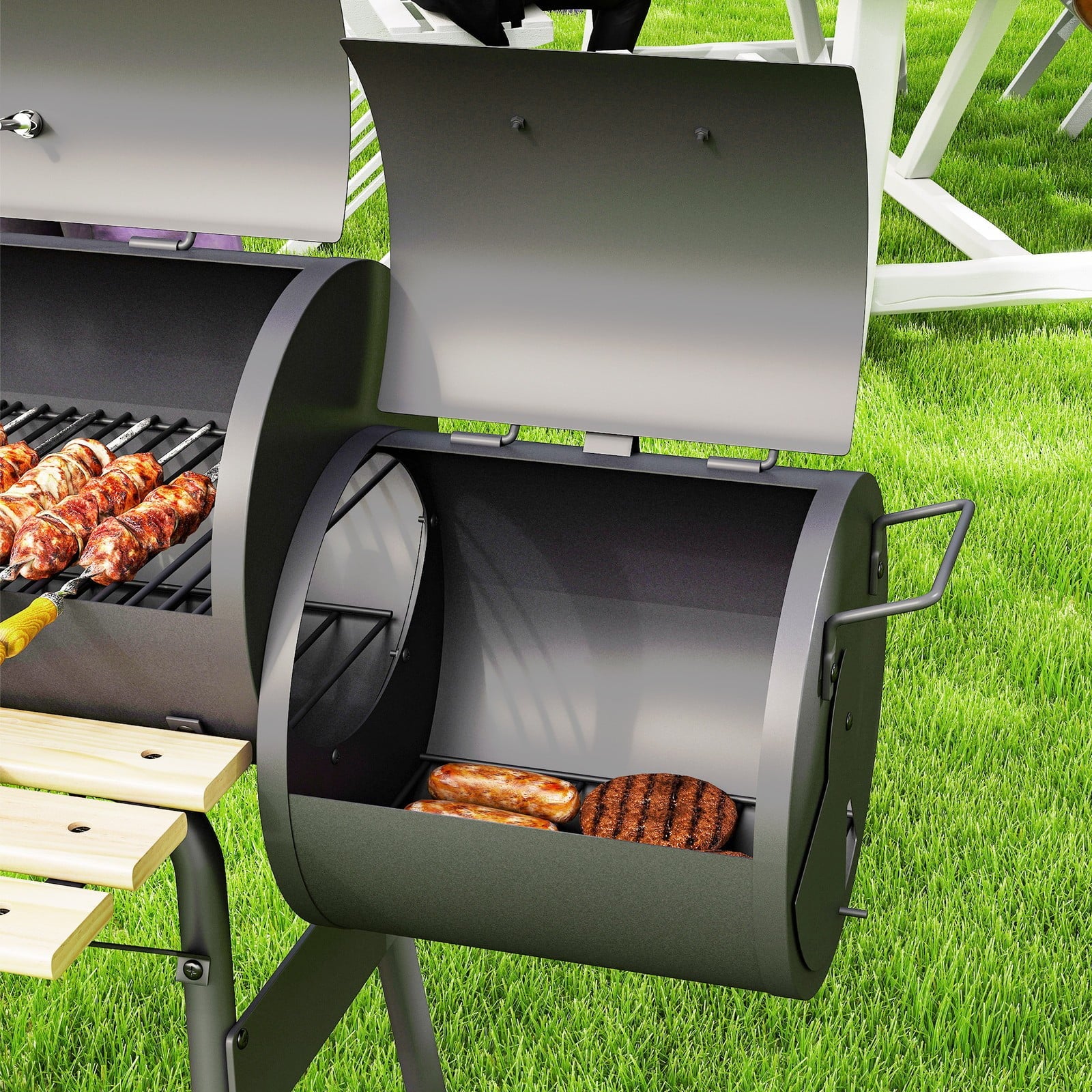 BNDFTF Black Multifunctional Charcoal Grill, Offset Smoker & BBQ Combo, with Front/Side Shelves, Lid Thermometer & Wooden Heat-Resistant Handles, for Outdoor Patio