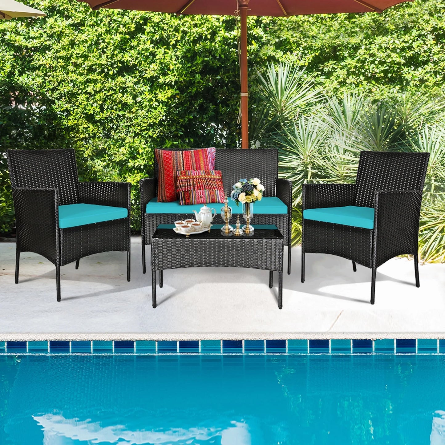 Gymax 4PCS Outdoor Furniture Set Patio Rattan Conversation Set w/Turquoise Cushion