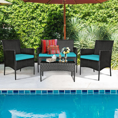 Gymax 4PCS Outdoor Furniture Set Patio Rattan Conversation Set w/Turquoise Cushion