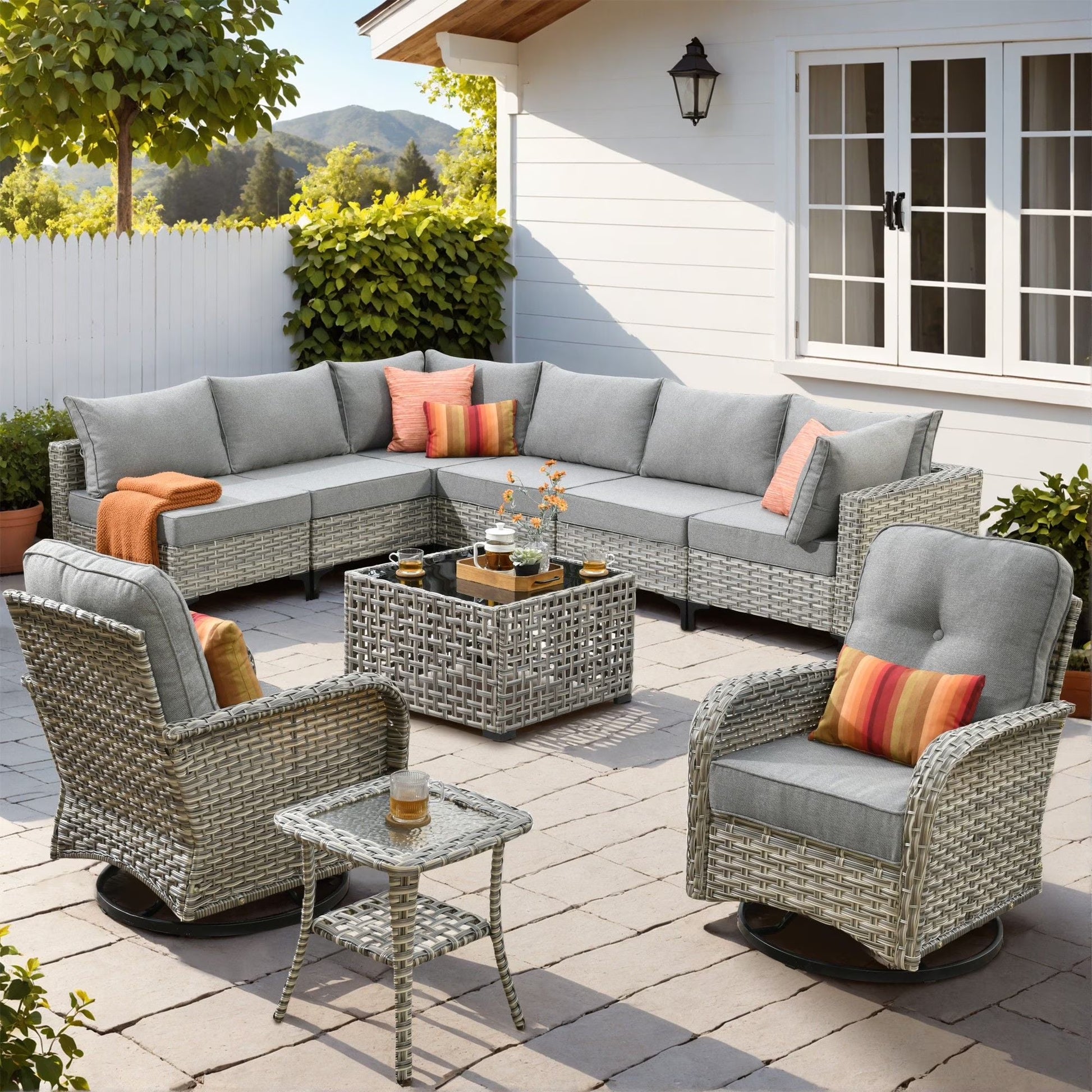 Vcatnet Outdoor Patio Furniture Sets 10 Pieces Sectional Sofa Wicker Conversation Set with Swivel Glider Chairs and Solar Powered Coffee Table for Porch,Backyard,Gray
