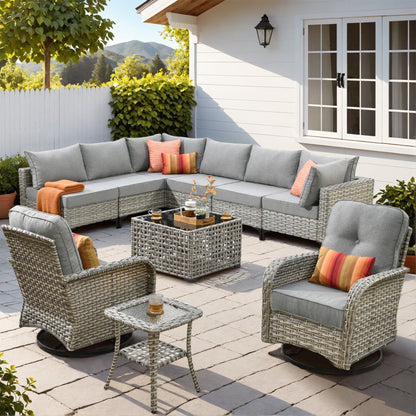 Vcatnet Outdoor Patio Furniture Sets 10 Pieces Sectional Sofa Wicker Conversation Set with Swivel Glider Chairs and Solar Powered Coffee Table for Porch,Backyard,Gray