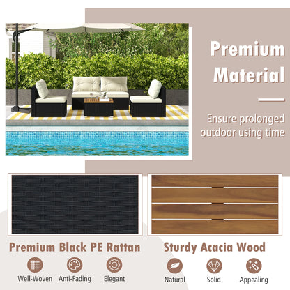 Gymax 5PCS Rattan Patio Conversation Sofa Set Outdoor Furniture Set w/Off White Cushions