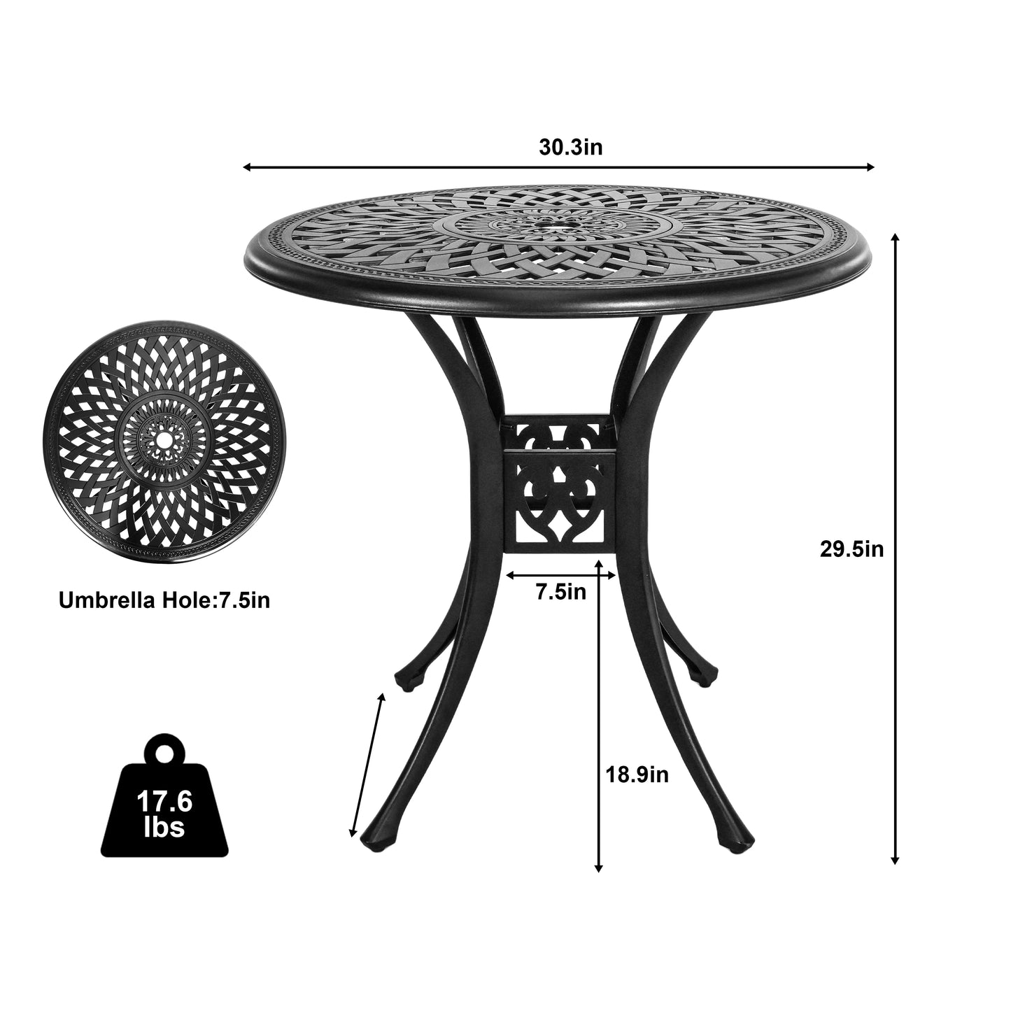 30.3 Inch Round Patio Table Cast Aluminum Patio Table,Metal Patio Dining Table with Umbrella Hole,All Weather Outdoor Bistro Dining Table for Backyard, Garden, Balcony, Black