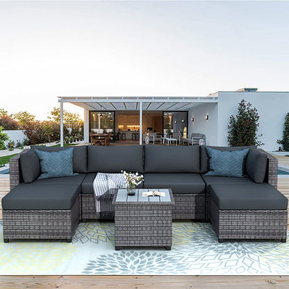 7 Piece Rattan Sectional Sofa Set, Outdoor Conversation Set, All-Weather Wicker Sectional Seating Group with Cushions & Coffee Table, Morden Furniture Couch Set for Patio Deck Garden Pool, K2774
