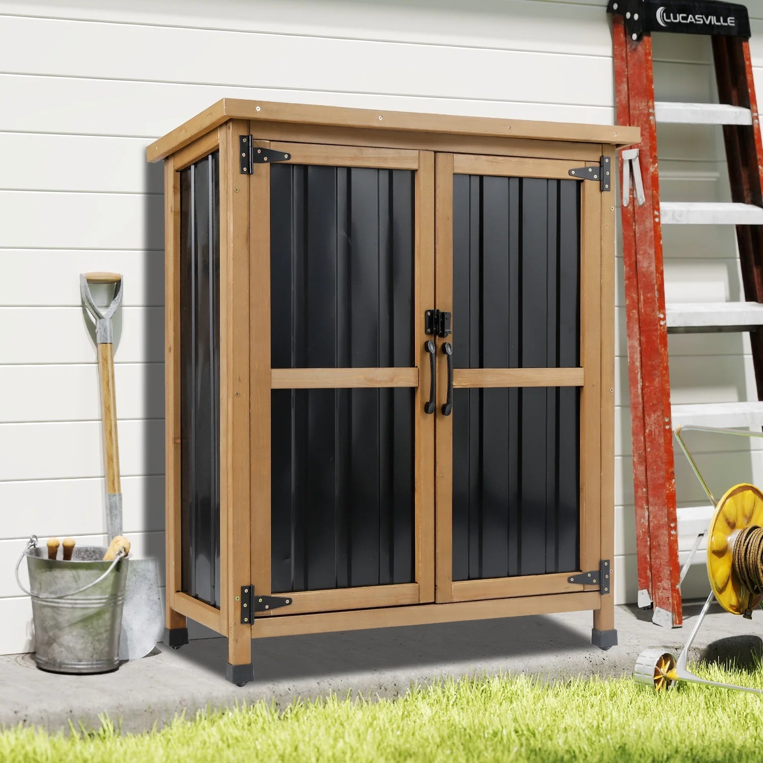 Outdoor Storage Cabinet Wood Storage Shed Waterproof Roof, Double Lockable Doors Garden Shed with Removable Shelves for Patio, Garden
