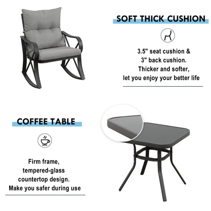COSIEST 3 Piece Rocking Chair Bistro Set, Patio Outdoor Furniture w Cushions, Glass-Top Table