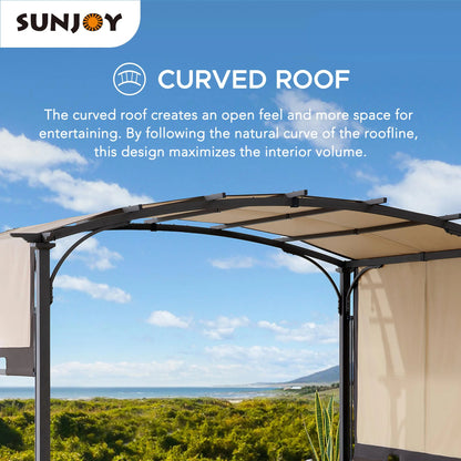 Sunjoy Lindt 9.5 x 11 ft. Outdoor Steel Arched Pergola with Adjustable Canopy for Patio, Backyard, and Garden, Tan & Brown