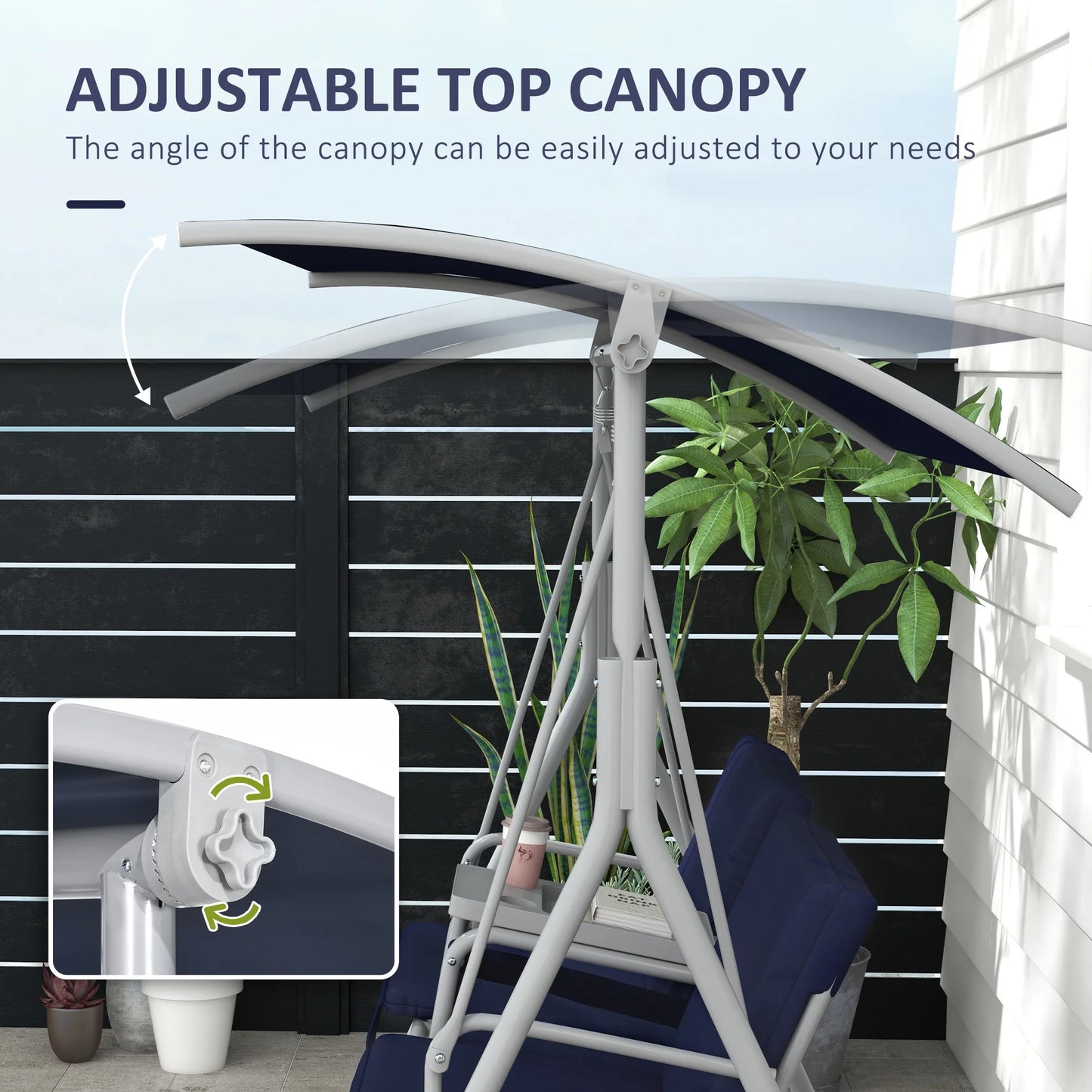 Outsunny 2 Person Porch Swing with Stand, Outdoor Swing with Canopy, Pivot Storage Table, 2 Cup Holders, Cushions for Patio, Backyard, Dark Blue