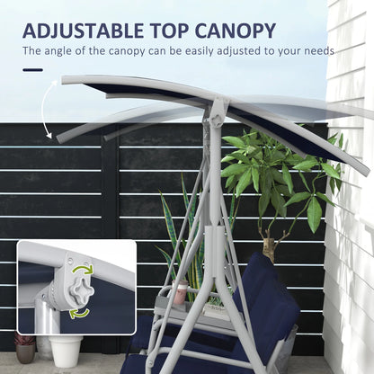 Outsunny 2 Person Porch Swing with Stand, Outdoor Swing with Canopy, Pivot Storage Table, 2 Cup Holders, Cushions for Patio, Backyard, Dark Blue