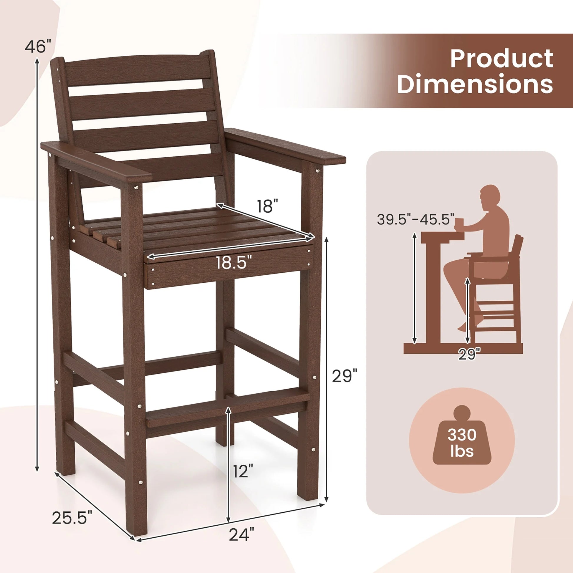 Gymax Patio Bar Stools Set of 4 Tall Adirondack Chair w/Backrest Armrests & Footrests Brown
