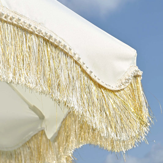 LAGarden 6 Ft Fringe Patio Umbrella with Tassel Jazz Age Wood UPF50+ for Outdoor, Beige with gold tassel,Model: JZ6-01