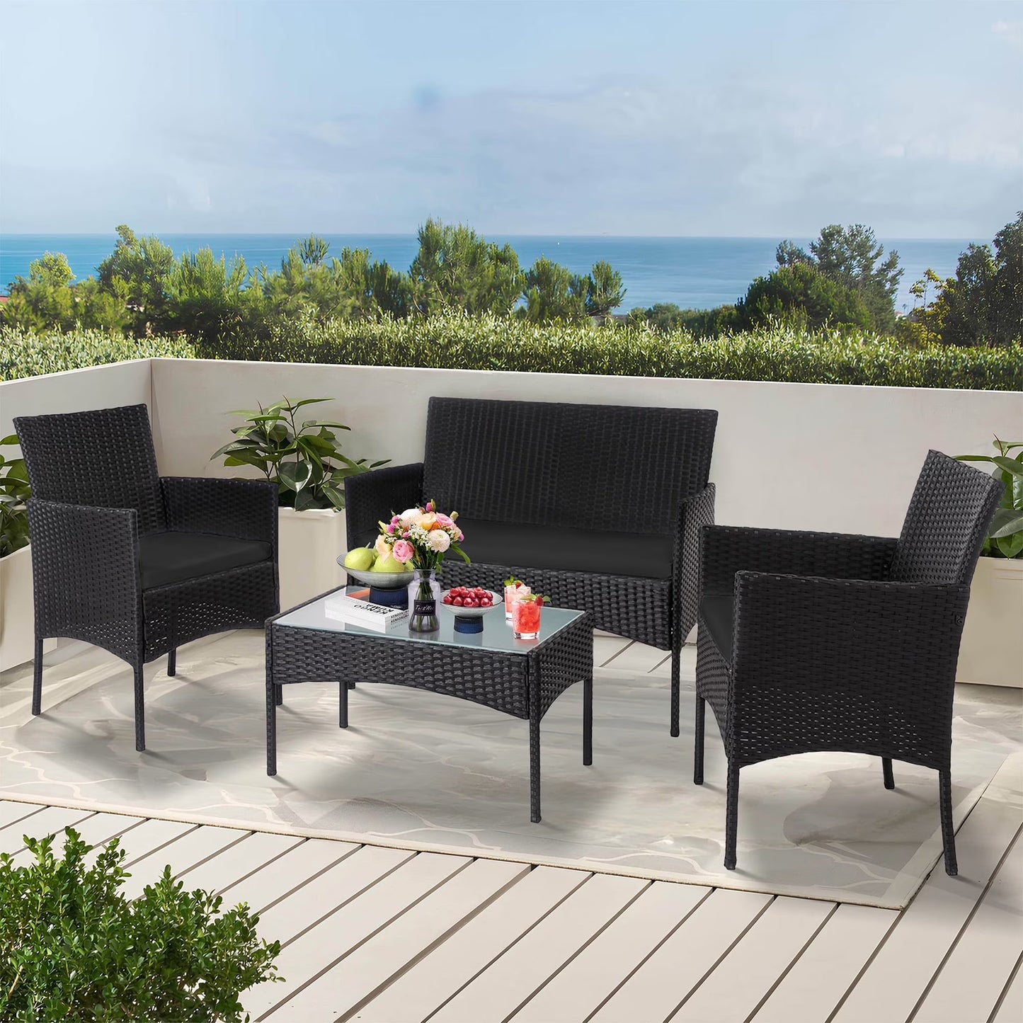 Tappio 4 Piece Patio Conversation Wicker Furniture Set, Porch Furniture Outdoor Sectional Furniture Set w/Coffee Table & Cushions Wicker Sofa Garden Conversation Set for Yard Pool Backyard,Black/Red