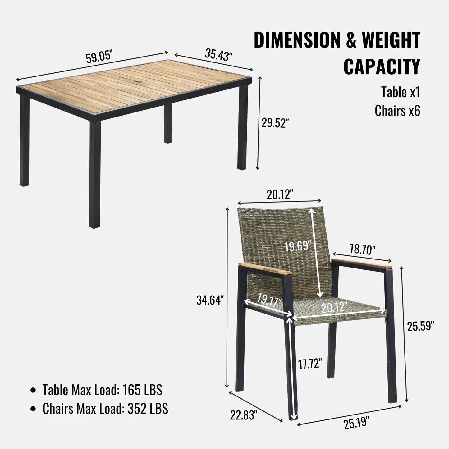 Seizeen 7-Piece Outdoor Table and Chairs, Patio Table Set with 6 Rattan Chairs, All-weather Outdoor Patio Dining Sets Rectangular Metal Table with Acacia Wood Top, Umbrella Hole, Gray