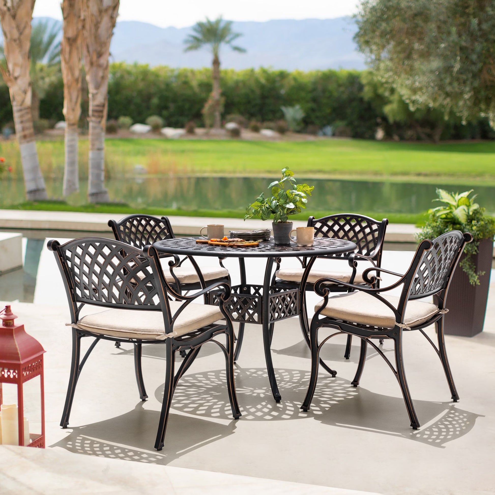 Nuu Garden 5-Piece Outdoor Bar Set, Outdoor Patio Dining Furniture Set, Round Dining Table with Umbrella Hole and Patio Dining Chairs, Bronze