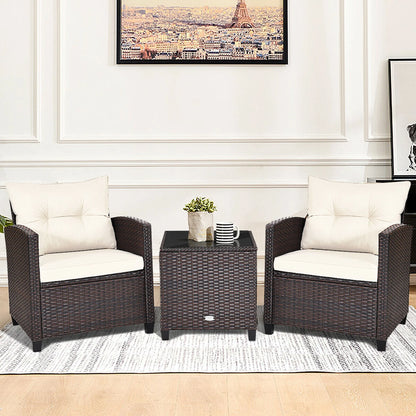 Gymax 3PCS Outdoor Patio Rattan Conversation Set Garden Yard w/Off White Cushions