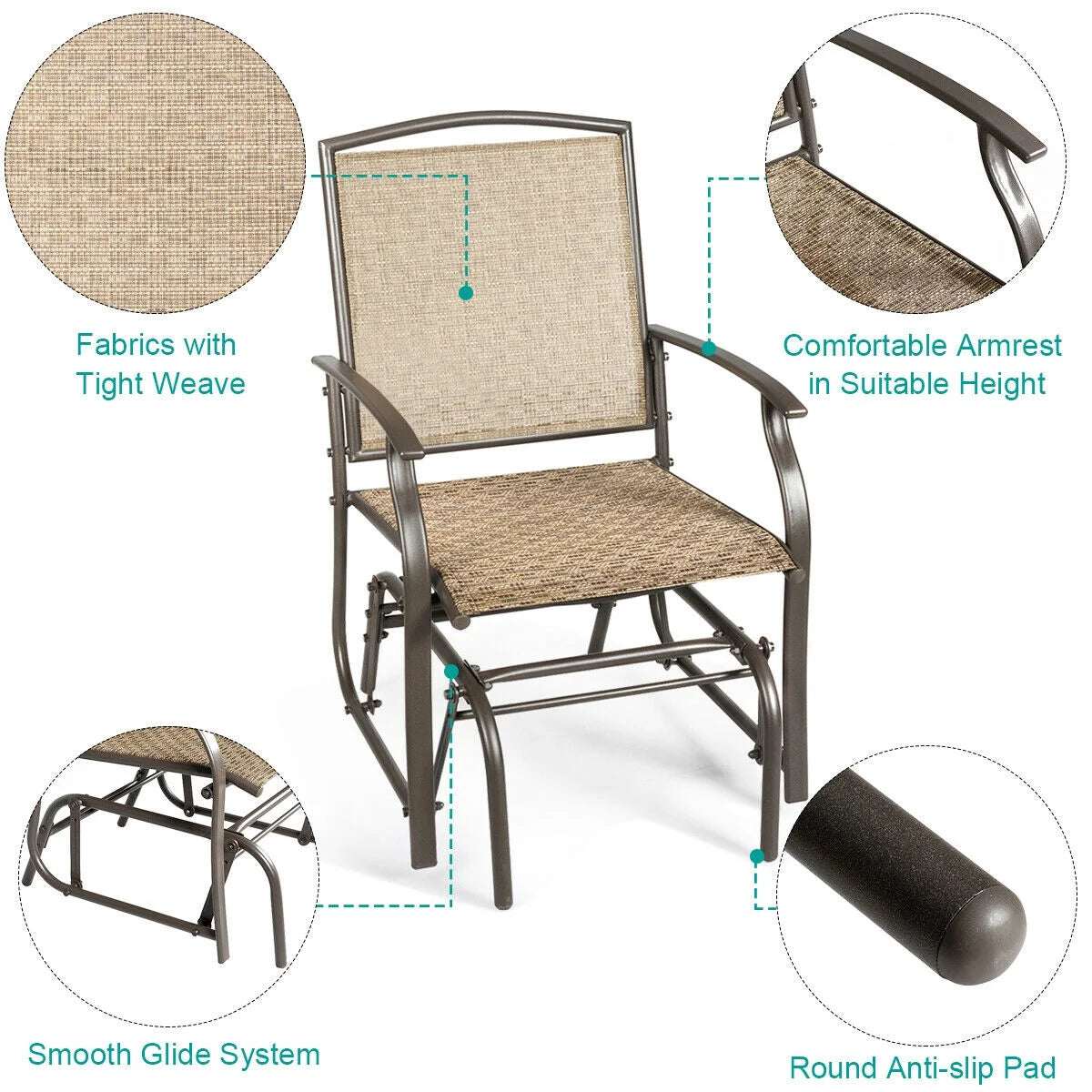 Costway 2PCS Patio Swing Single Glider Chair Rocking Seating Steel Frame Garden Brown