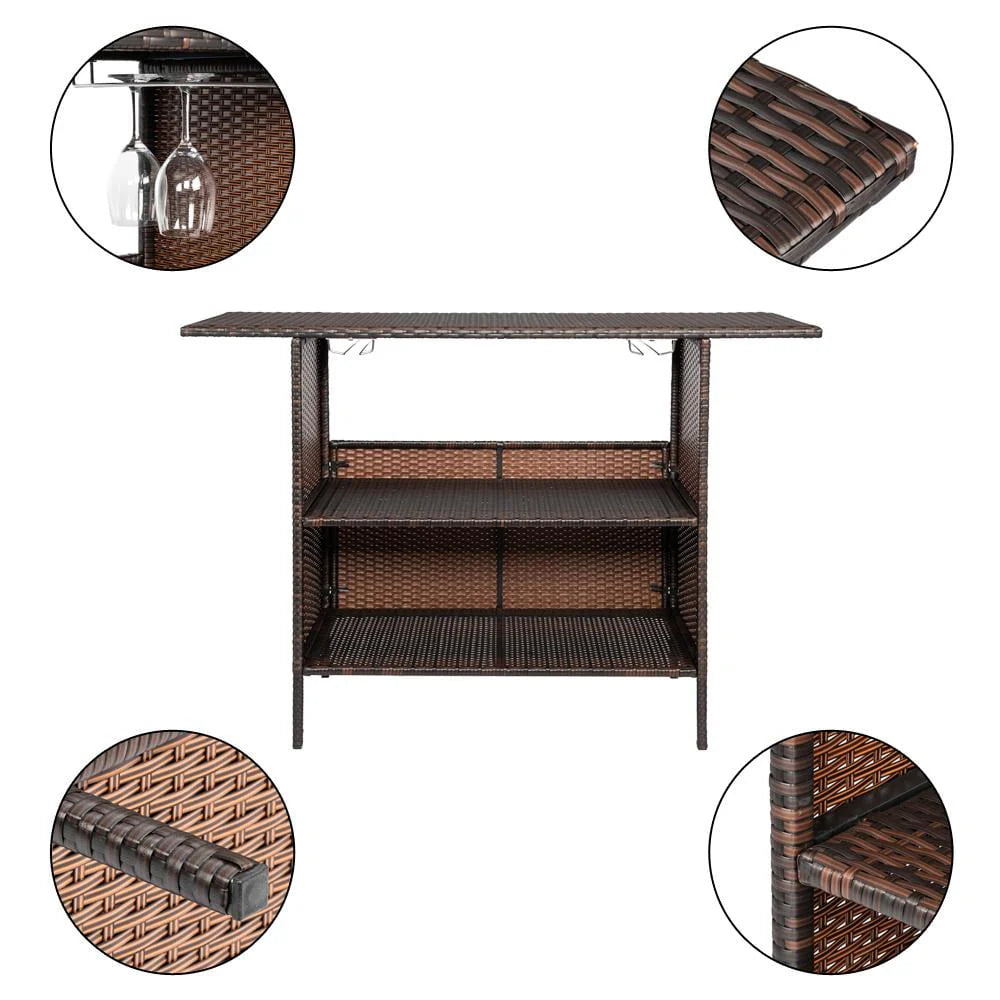 UBesGoo Outdoor Patio Rattan Wicker Bar Counter Table with 2 Storage Shelves