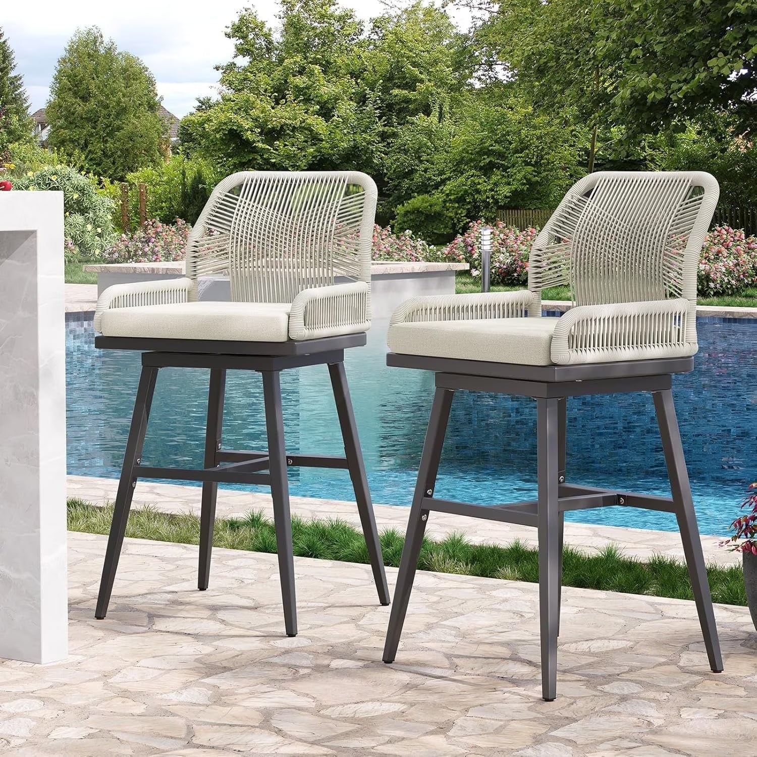 MEISSALIVVE Set of 2 Rattan Swivel Bar Stools, 26" Counter Height with Woven Rope Back, Cushioned Patio Bar Chairs for Kitchen, Garden, Beige