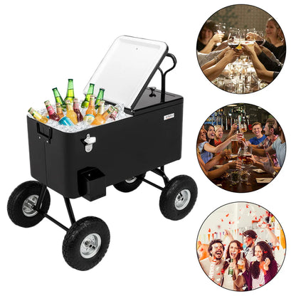 VINGLI 80 Quart Wagon Rolling Cooler Ice Chest, w/Long Handle and 10" Wheels, Portable Beach Patio Party Bar Cold Drink Beverage , Outdoor Park Cart on Wheels